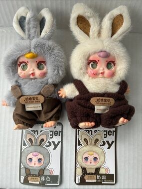 MM Sugar Baby Fashion Show Plush Doll Keychain Pendant Bunny Pair - Gray & Cream